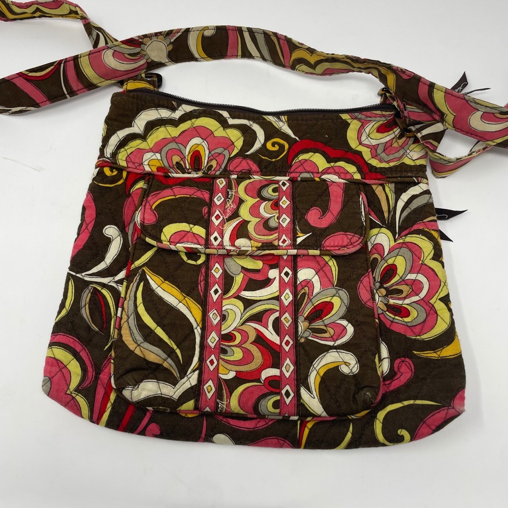 Vera Bradley Mocha Rouge Floral Quilted Cotton Crossbody Bag Brown Pink Yellow